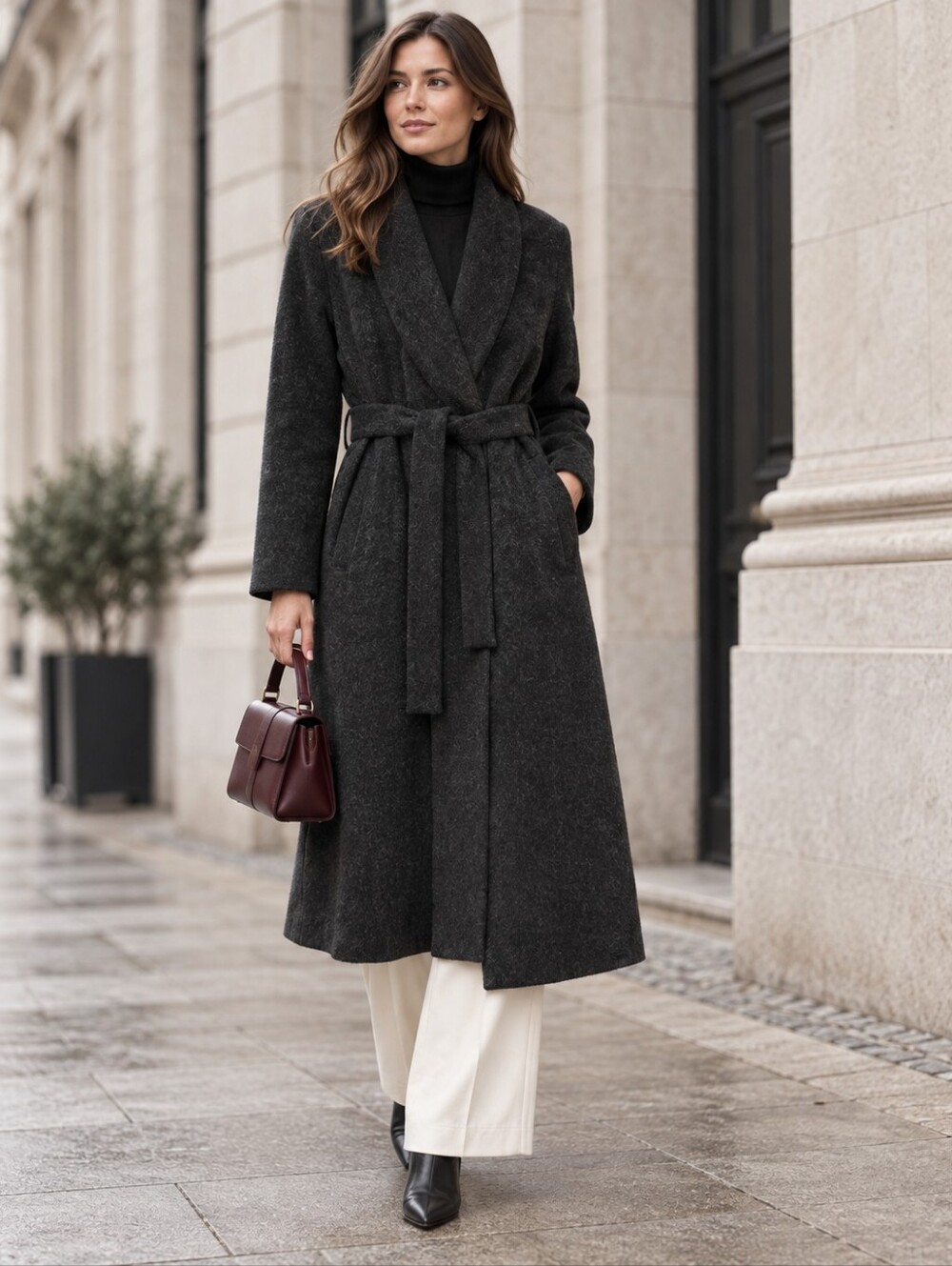 Hilary Radley Charcoal Wool Shawl-Collar Belted Robe Coat Size 8